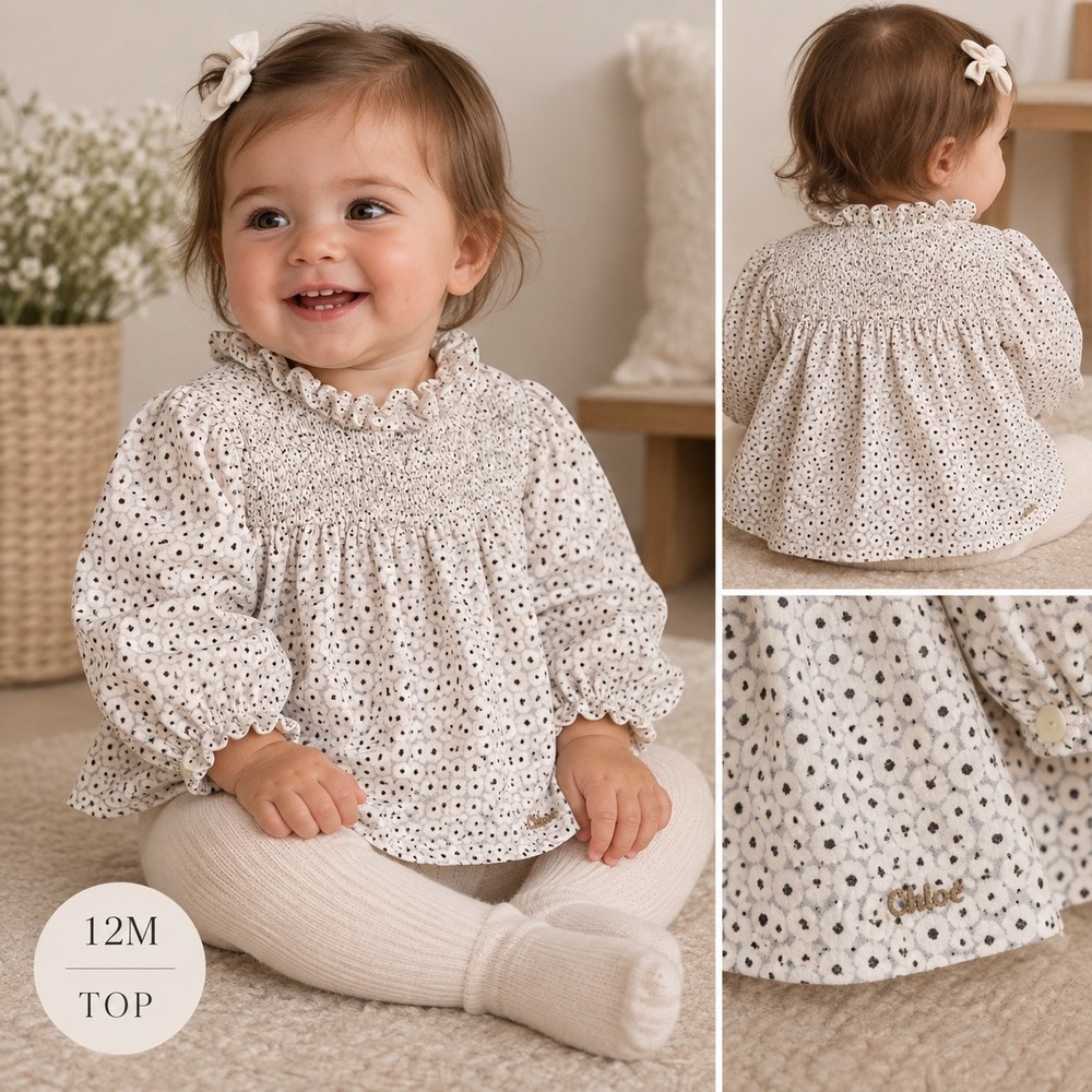 Chloe Baby Girl Smocked Floral Blouse White Black Long Sleeve Top 12M C95287